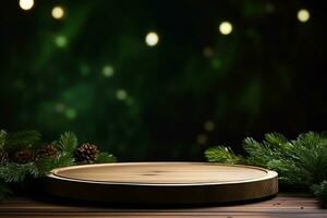 ai gerado Natal elegante e natural pódio com árvore etapa exibição brincar com ramos de luz do abeto pinho foto