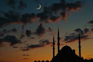 ai gerado islâmico fundo do silhueta islâmico mesquita às noite com lua em azul céu foto
