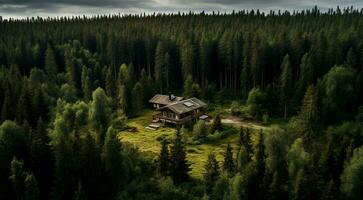 ai gerado casa dentro a bosques, casa dentro a floresta, moderno projetado de madeira casa dentro a floresta foto