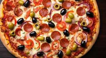 ai gerado fechar-se do delicios pizza em a mesa, pizza fundo, italiano pizza em a mesa, close-up do uma pizza, fatiado pizza foto