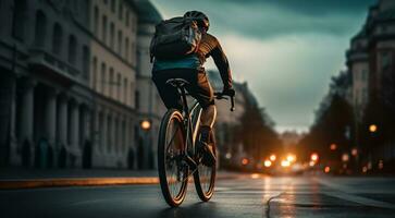ai gerado ciclista com capacete equitação uma bicicleta dentro a cidade, fechar acima do ciclista foto