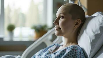 ai gerado mulher com uma Careca cabeça dentro uma hospital cama mundo Câncer dia conceito. foto