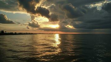 ai gerado nublado céu às pôr do sol sobre Móvel baía foto