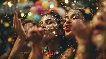 ai gerado brasileiro carnaval. jovem mulheres dentro traje desfrutando a carnaval festa sopro confete. foto