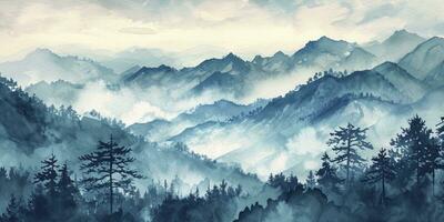 ai gerado montanha cenário, aquarela. chinês ou japonês azul montanhas. panorama do nebuloso montanhas dentro a cedo manhã foto