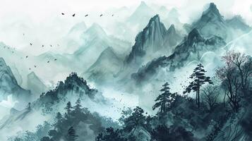 ai gerado uma aguarela panorama do sereno montanhas, inspirado de a chinês estilo do clássico tradicional tinta pintura. foto