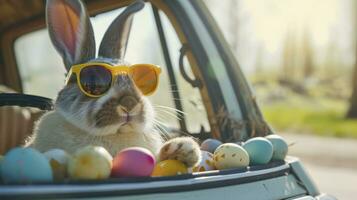 ai gerado fofa Páscoa Coelho com oculos de sol olhando Fora do uma carro arquivado com Páscoa ovos foto