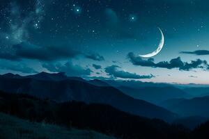 ai gerado panorama Visão do noite céu e lua, estrelas, Ramadã kareem islâmico fundo foto