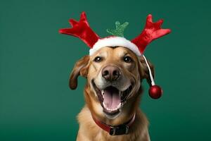 ai gerado retrato do uma fofa cachorro vestindo uma Natal rena arco de cabelo foto