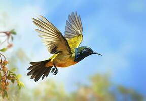 ai gerado Oliva Apoiado pássaro solar, amarelo barrigudo sunbird vôo dentro a brilhante céu. generativo ai foto