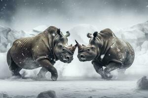ai gerado dois rinoceronte obtendo pronto para luta em gelo. ai gerado foto