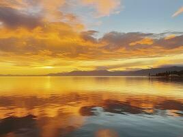 ai gerado brilhante pôr do sol sobre lago dourado nuvens refletir dentro a água. ai gerado. foto