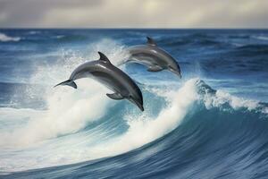 ai gerado brincalhão golfinhos pulando sobre quebra ondas. Havaí pacífico oceano animais selvagens cenário. generativo ai foto