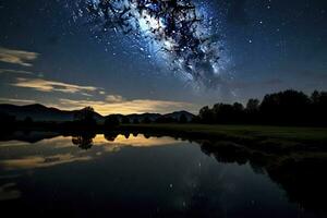 ai gerado leitoso caminho refletido em lago. ai gerado foto