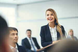 ai gerado fêmea alto falante dando uma conversa em corporativo o negócio conferência. irreconhecível pessoas dentro público às conferência corredor. o negócio e empreendedorismo evento foto