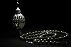 ai gerado Preto e branco árabe lanterna brilhando para muçulmano piedosos mês Ramadã kareem foto