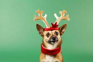 ai gerado retrato do uma fofa cachorro vestindo uma Natal rena arco de cabelo foto