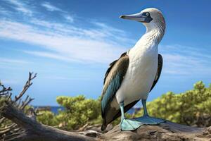 ai gerado a raro de pés azuis booby descansos em a de praia. ai gerado foto