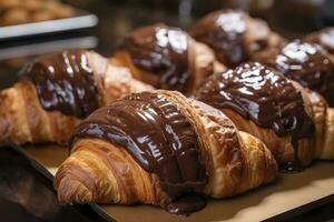 ai gerado chocolate croissants dentro padaria. ai gerado. foto