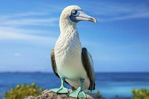 ai gerado a raro de pés azuis booby descansos em a de praia. ai gerado foto