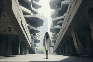 ai gerado mulher caminhando dentro futurista brutalista cidade rua. ai gerado. foto