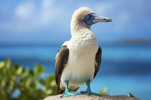 ai gerado a raro de pés azuis booby descansos em a de praia. ai gerado foto