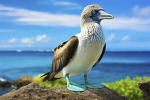 ai gerado a raro de pés azuis booby descansos em a de praia. ai gerado foto