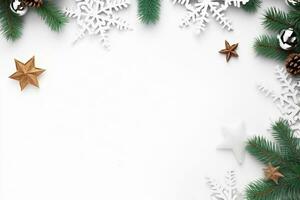 ai gerado Natal composição do abeto árvore galhos com enfeites em branco fundo foto