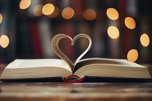 ai gerado aberto livro dentro coração forma em biblioteca mesa para mundo livro dia e namorados dia foto