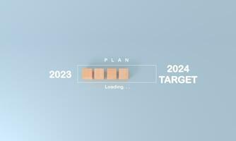 de madeira cubo quadra azul fundo branco linha Carregando plano texto letras 2023 para 2024 feliz Novo ano começar o negócio estratégia idéia planejamento futuro objetivo visão financeiro investimento alvo.3d Renderização foto