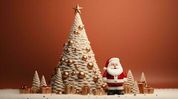 ai gerado 3d rendido mínimo santa cláusula com Natal árvore e presentes em pastel fundo foto