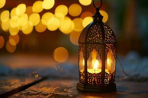ai gerado ornamental árabe lanternas. cintilante dourado bokeh luzes em a mesa foto