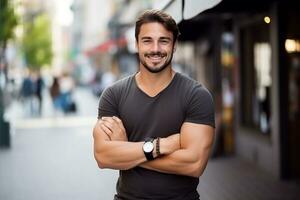 ai gerado retrato do bonito moda homem modelo dentro terno posando em rua foto