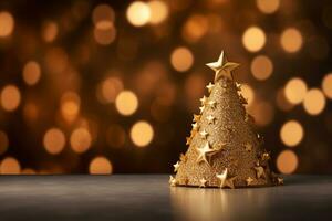 ai gerado dourado decorado Natal árvore em de madeira mesa e dourado borrado fundo. cópia de espaço foto