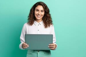 ai gerado retrato do atraente alegre menina usando computador portátil isolado fundo foto