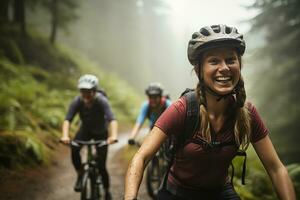 ai gerado retrato do feliz mulher ciclismo dentro a floresta generativo ai foto