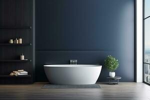 ai gerado 3d rendido mínimo estilo Preto tema moderno banheiro interior Projeto com banheira foto