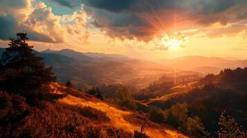 ai gerado dourado raios sobre rolando colinas às pôr do sol foto