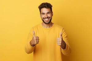 ai gerado bonito barbudo homem fazendo polegares acima em isolado branco fundo foto