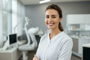 ai gerado uma feliz dentista mulheres dentro clínica generativo ai foto