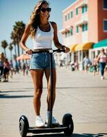 ai gerado foto do lindo mulher com oculos de sol e capacete equitação segway lambreta às areia de praia cidade rua, generativo ai