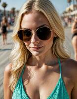 ai gerado foto do lindo mulher com oculos de sol e Loiras cabelo às areia de praia cidade rua, generativo ai