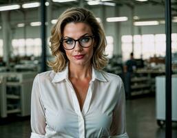 ai gerado foto do lindo mulher com Loiras cabelo e branco camisa topo e óculos Como uma escritório secretário em pé às a escritório, generativo ai