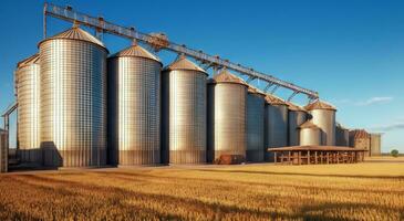 ai gerado sustentável agricultura - grão armazenamento tanques dentro Campos foto