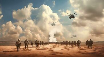 ai gerado deserto guerra - silhuetas do soldados dentro anti-terrorista Operação foto