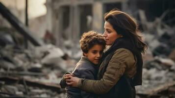 ai gerado refugiados dentro crise - adulto mulher abraçando criança em meio a da guerra cair foto