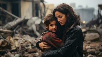 ai gerado comovente abraço - árabe mãe e criança no meio ruínas foto