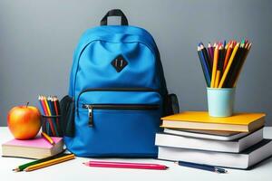 ai gerado azul escola mochila com escola suprimentos, papelaria em a mesa. costas para escola. foto