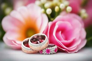 ai gerado joalheria - Casamento argolas, noivado anel em a fundo do uma ramalhete do Rosa rosas. foto