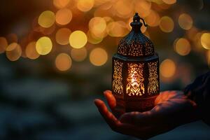ai gerado muçulmano homem segurando árabe lanterna, Ramadã kareem fundo foto